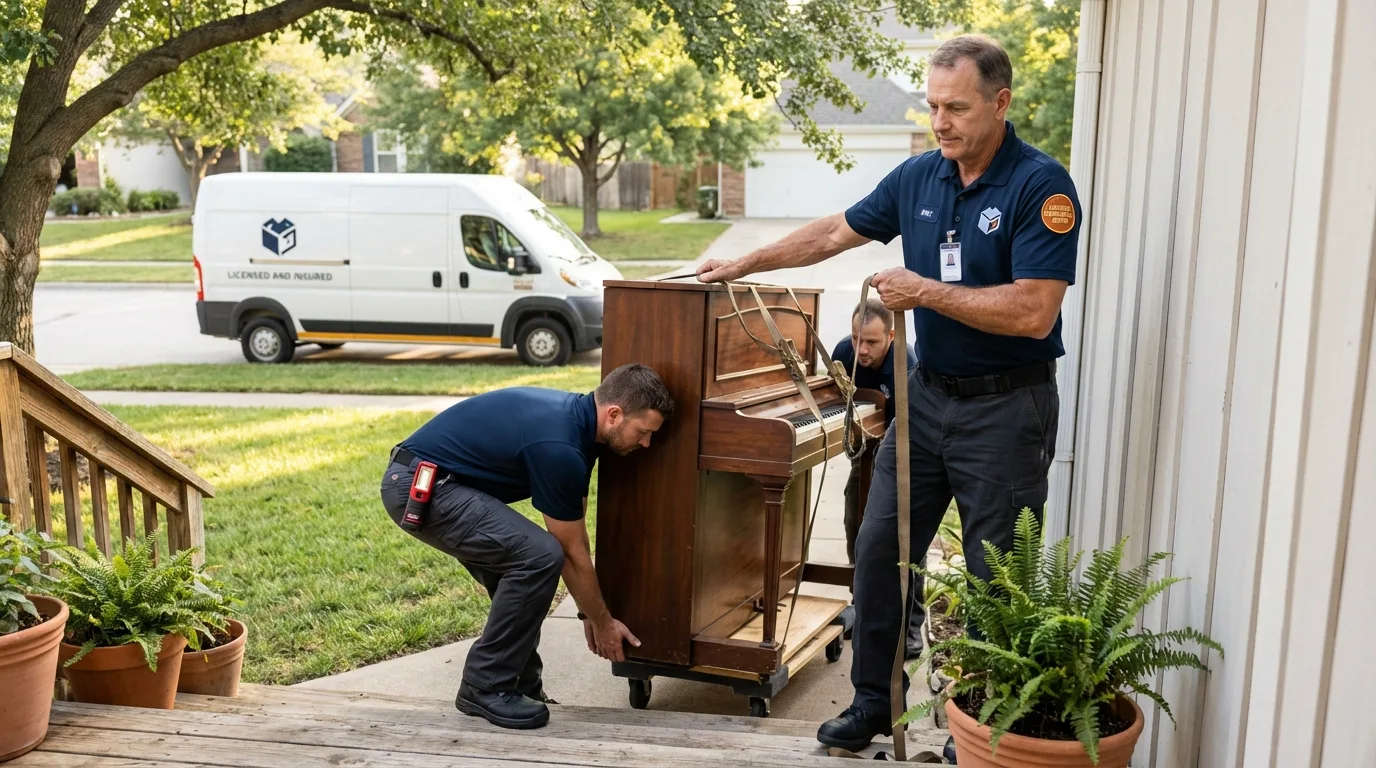 Licensed piano movers securing grand piano in Whitmore Lake, MI