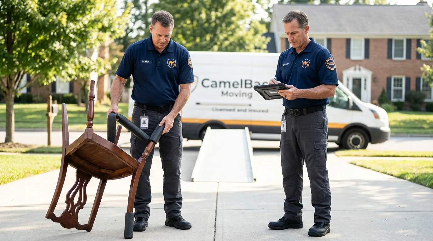 Movers inspecting furniture for damage prevention before loading in Whitmore Lake, MI