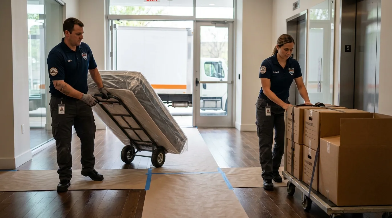 Professional apartment movers loading elevator in Whitmore Lake, MI