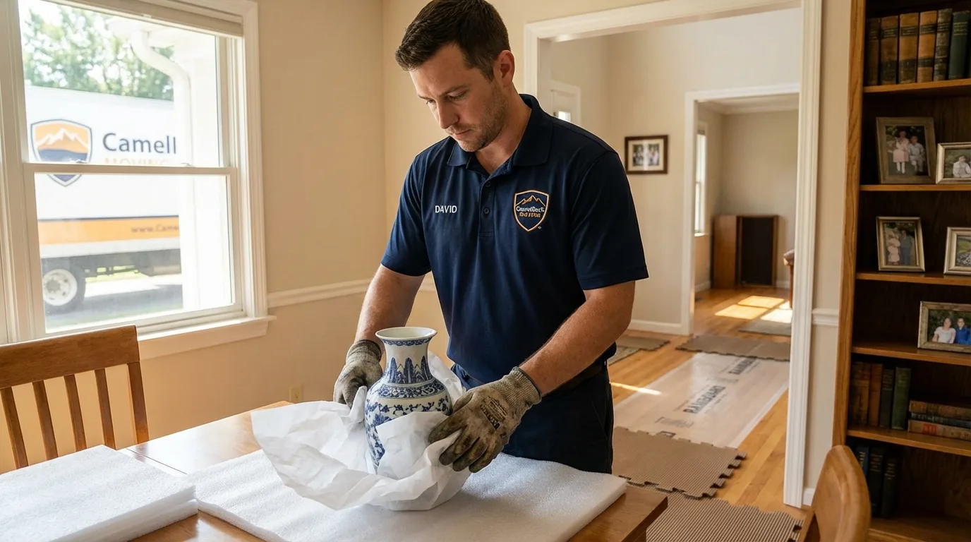 Professional crew carefully wrapping antique vase for senior downsizing move in Whitmore Lake, MI