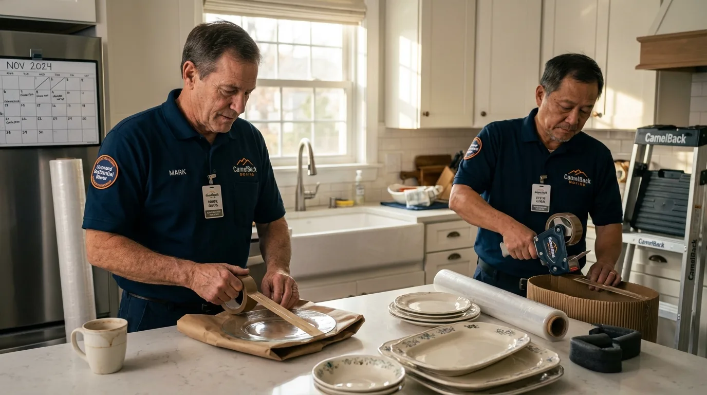 Professional crew packing kitchen dishware in Whitmore Lake, MI